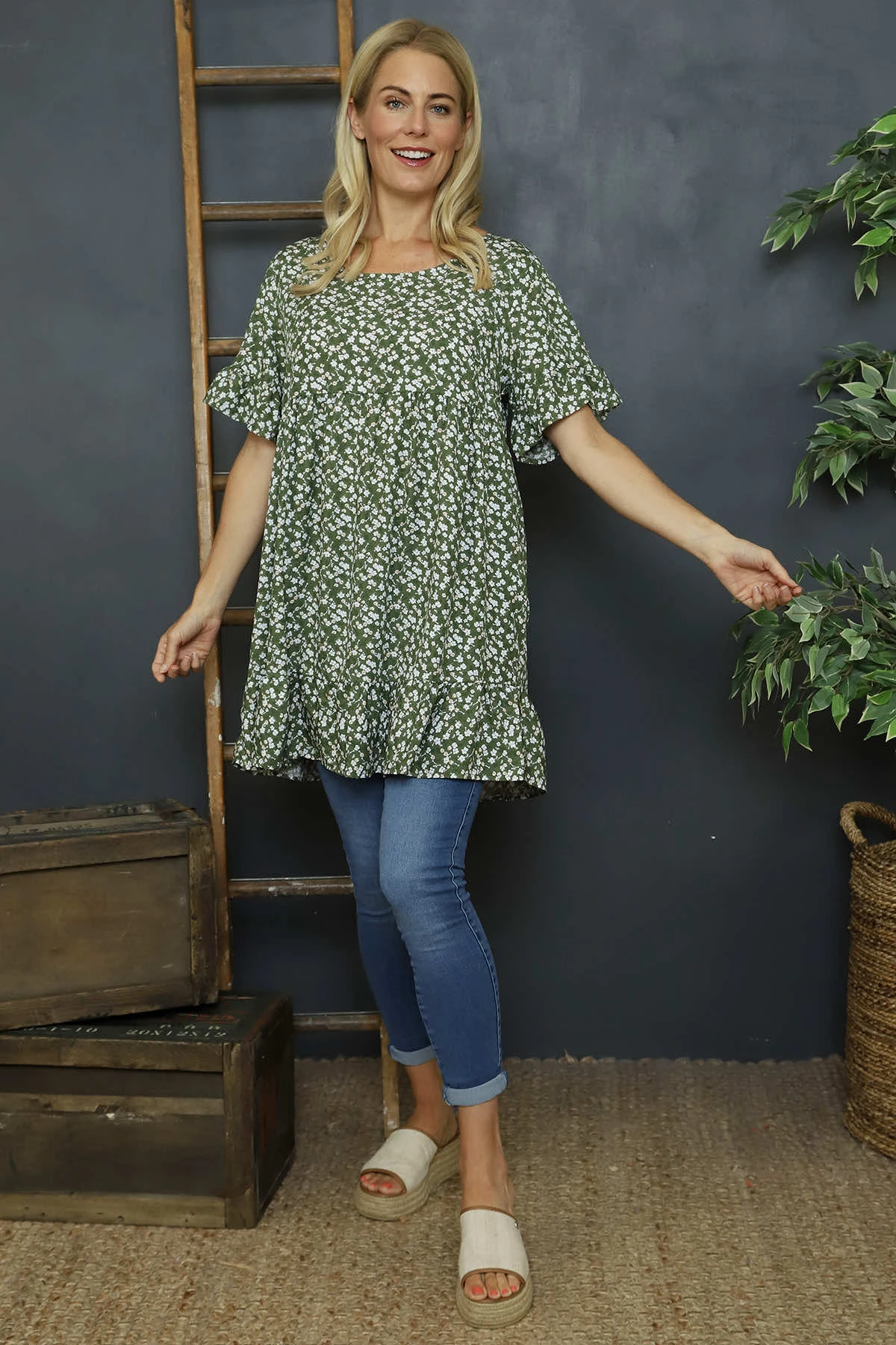 Pamber Ditsy Print Tunic Khaki 5 Pamber Ditsy Print Tunic Khaki - Image 3