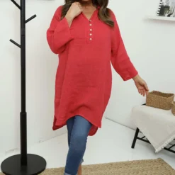 Tarna Button Linen Tunic Hot Pink