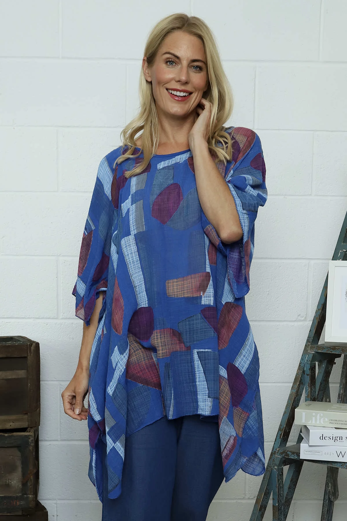 Betania Print Cotton Top Cobalt 4 Betania Print Cotton Top Cobalt - Image 2