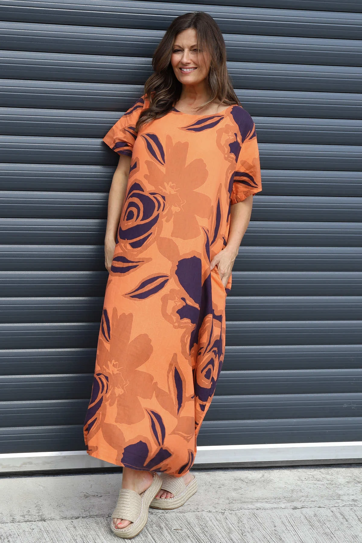 Polzeath Rose Print Linen Dress Orange 3 Polzeath Rose Print Linen Dress Orange