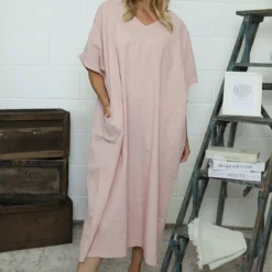 Marika V-Neck Linen Dress Pink -Kitandkaboodal Store IMG 7609 135d17fc 7c65 4562 a891 b98083db9ca5