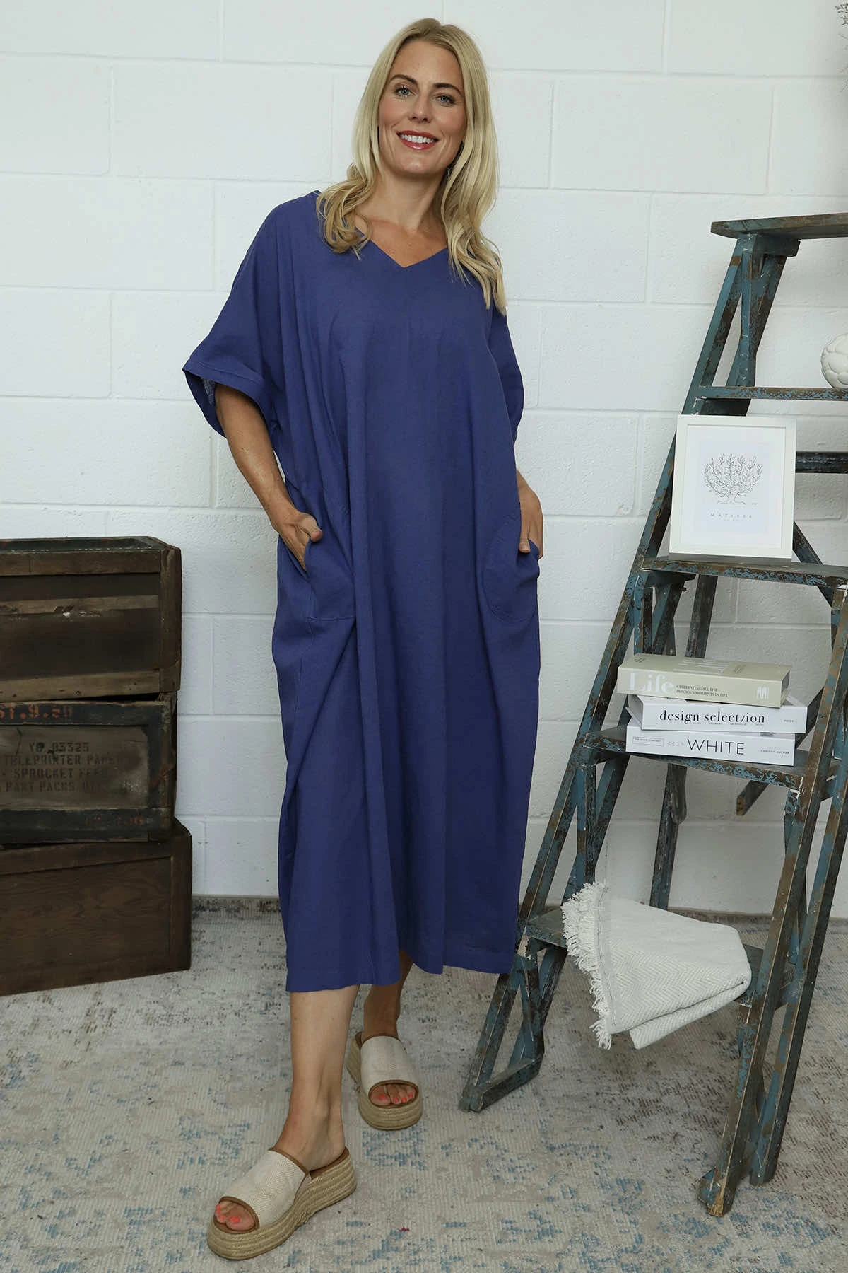 Marika V-Neck Linen Dress Indigo 3 Marika V-Neck Linen Dress Indigo
