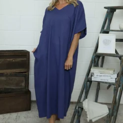 Marika V-Neck Linen Dress Indigo 7 Marika V-Neck Linen Dress Indigo -Kitandkaboodal Store IMG 7615 1d425ee3 05dd 49ea 9fa3 0c2d5a57531c