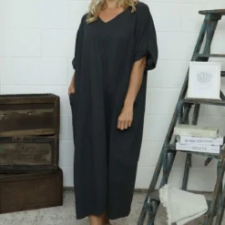 Marika V-Neck Linen Dress Charcoal