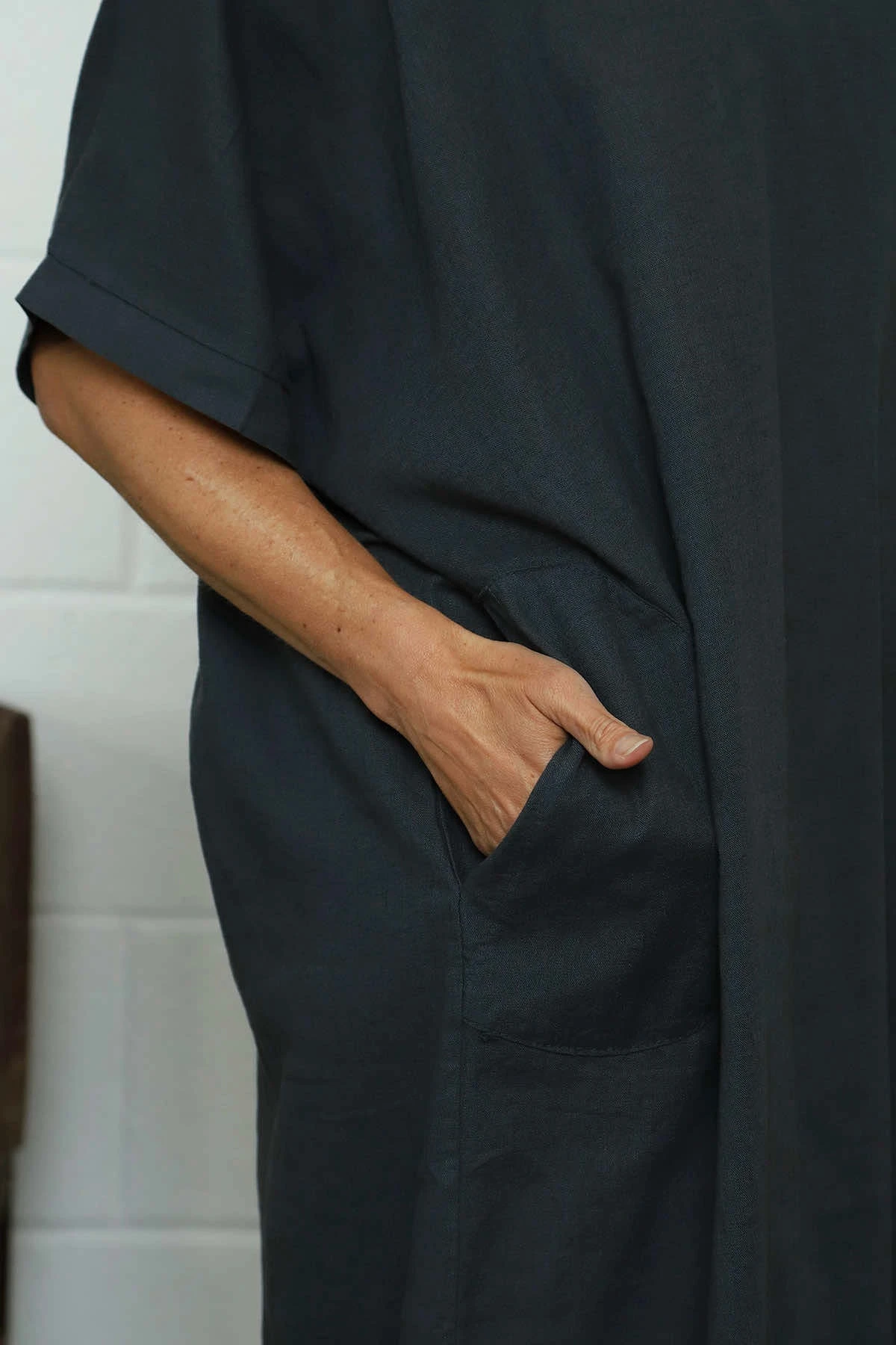 Marika V-Neck Linen Dress Charcoal 5 Marika V-Neck Linen Dress Charcoal - Image 3