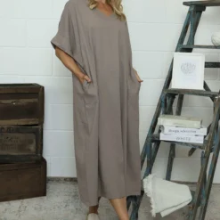 Marika V-Neck Linen Dress Mocha