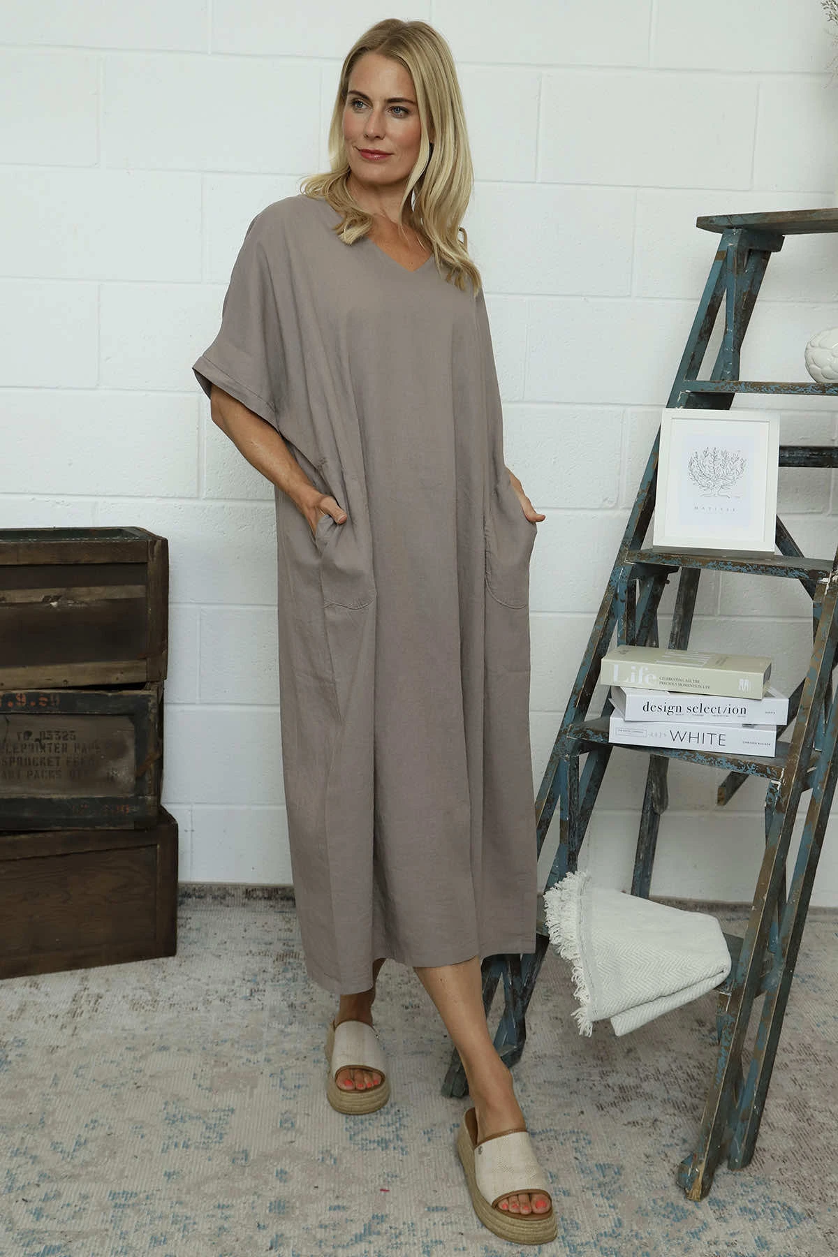 Marika V-Neck Linen Dress Mocha 3 Marika V-Neck Linen Dress Mocha