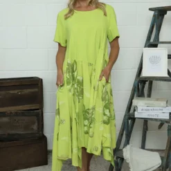 Tullia Botanical Print Cotton Dress Lime