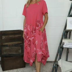 Tullia Botanical Print Cotton Dress Fuchsia