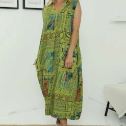 Bellona V-Neck Print Dress Olive