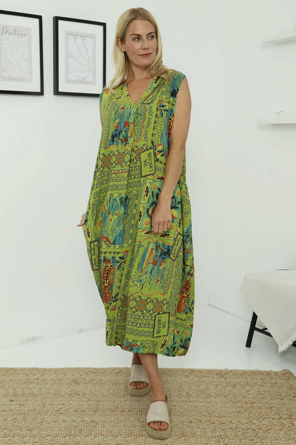 Bellona V-Neck Print Dress Olive 3 Bellona V-Neck Print Dress Olive