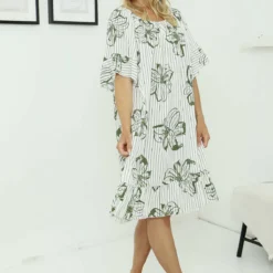 Fabiola Print Bardot Tunic Khaki