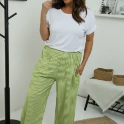 Nina Stripe Linen Trousers Green