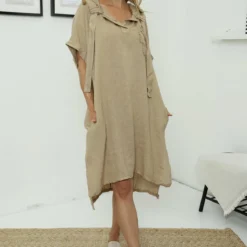 Carlina Hooded Flower Detail Linen Dress Camel