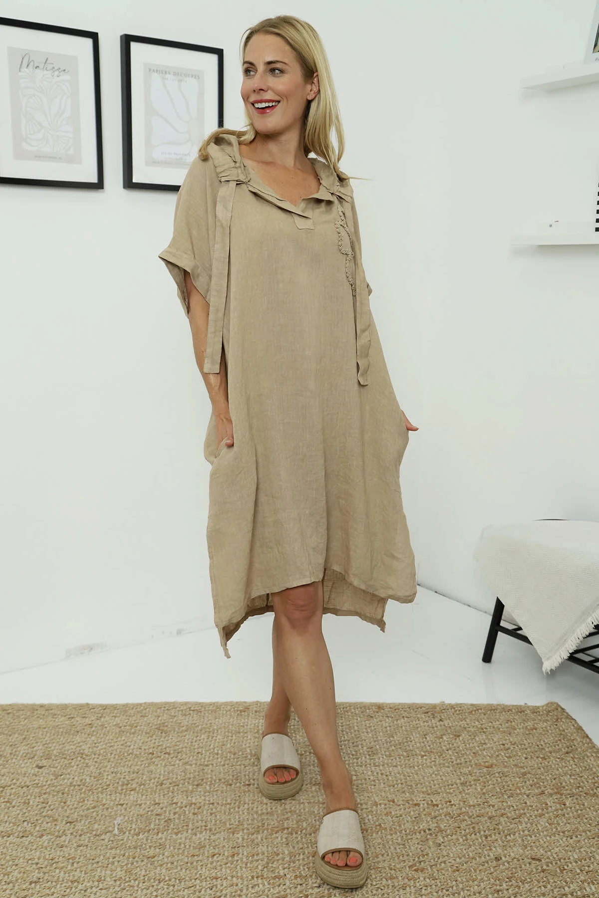 Carlina Hooded Flower Detail Linen Dress Camel 3 Carlina Hooded Flower Detail Linen Dress Camel