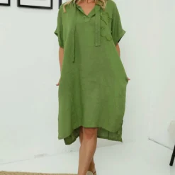 Carlina Hooded Flower Detail Linen Dress Olive