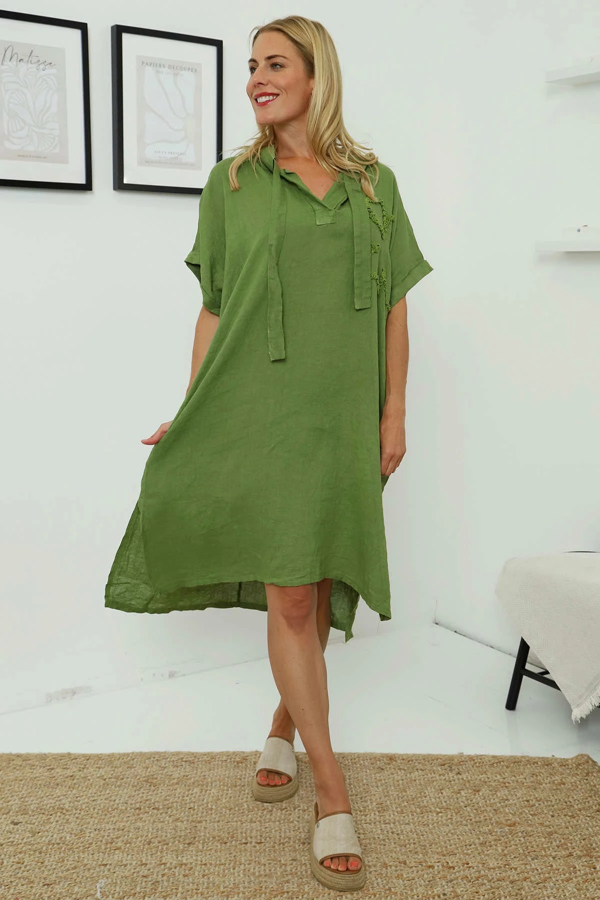 Carlina Hooded Flower Detail Linen Dress Olive 4 Carlina Hooded Flower Detail Linen Dress Olive - Image 2