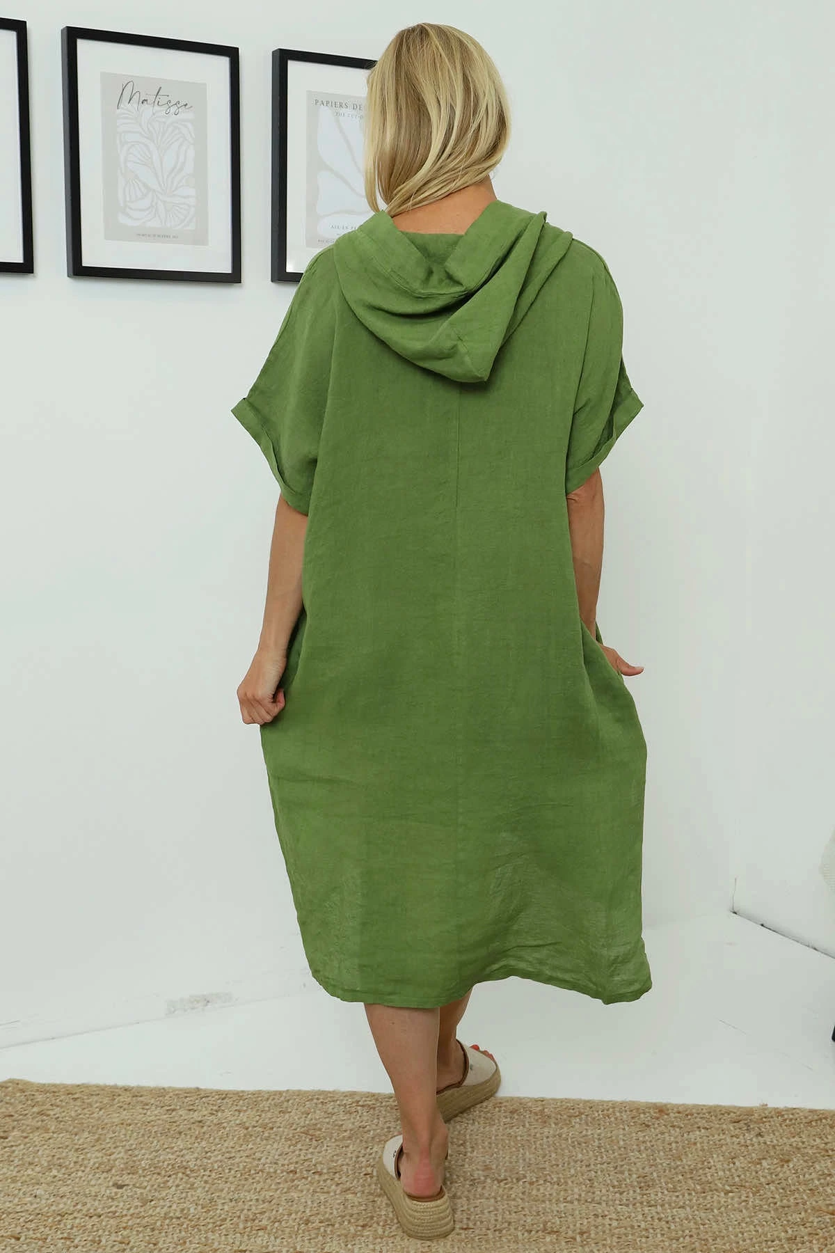 Carlina Hooded Flower Detail Linen Dress Olive 6 Carlina Hooded Flower Detail Linen Dress Olive - Image 4