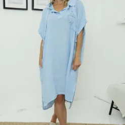 Carlina Hooded Flower Detail Linen Dress Light Blue