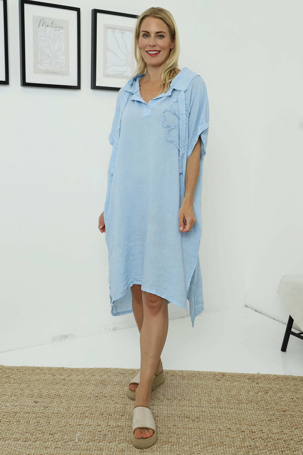 Carlina Hooded Flower Detail Linen Dress Light Blue 4 Carlina Hooded Flower Detail Linen Dress Light Blue - Image 2