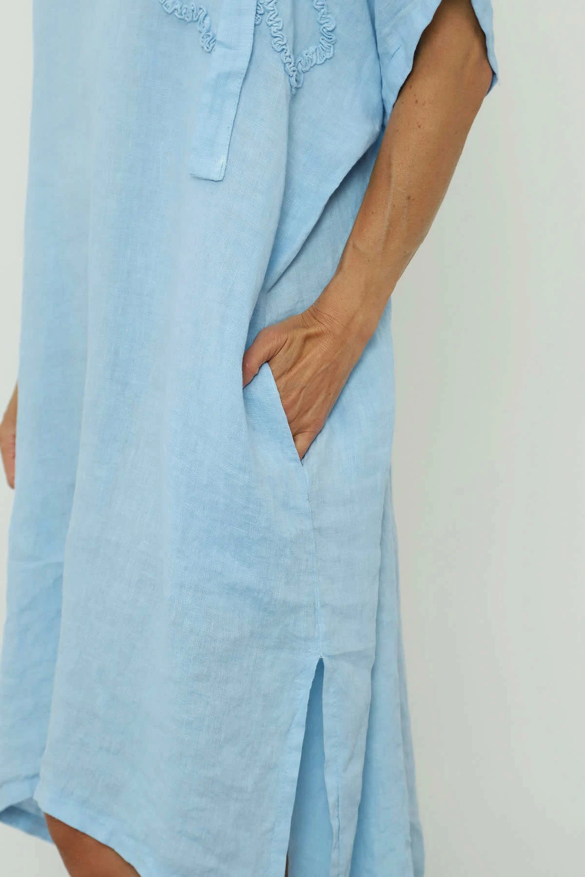Carlina Hooded Flower Detail Linen Dress Light Blue 6 Carlina Hooded Flower Detail Linen Dress Light Blue - Image 4