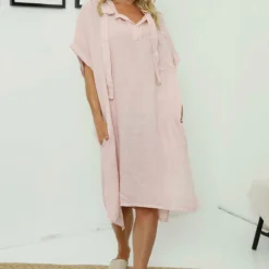 Carlina Hooded Flower Detail Linen Dress Pink