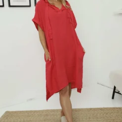 Carlina Hooded Flower Detail Linen Dress Fuchsia