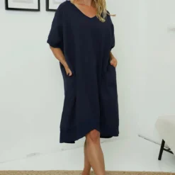 Fiamma V-Neck Linen Dress Navy
