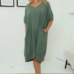 Fiamma V-Neck Linen Dress Khaki