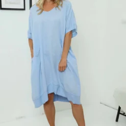 Fiamma V-Neck Linen Dress Powder Blue