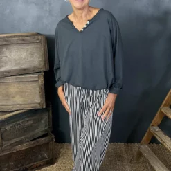 Jacinda Stripe Cotton Trousers Black