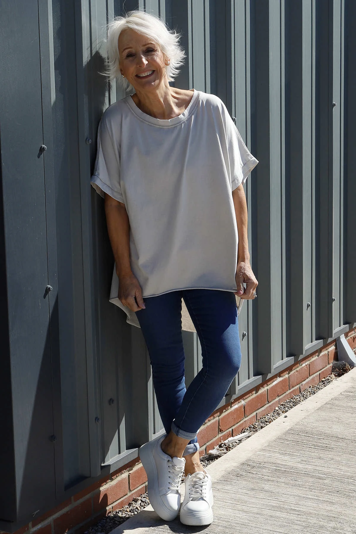 Celina Dipped Hem Washed Cotton Top Stone 4 Celina Dipped Hem Washed Cotton Top Stone - Image 2