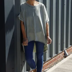 Celina Dipped Hem Washed Cotton Top Khaki