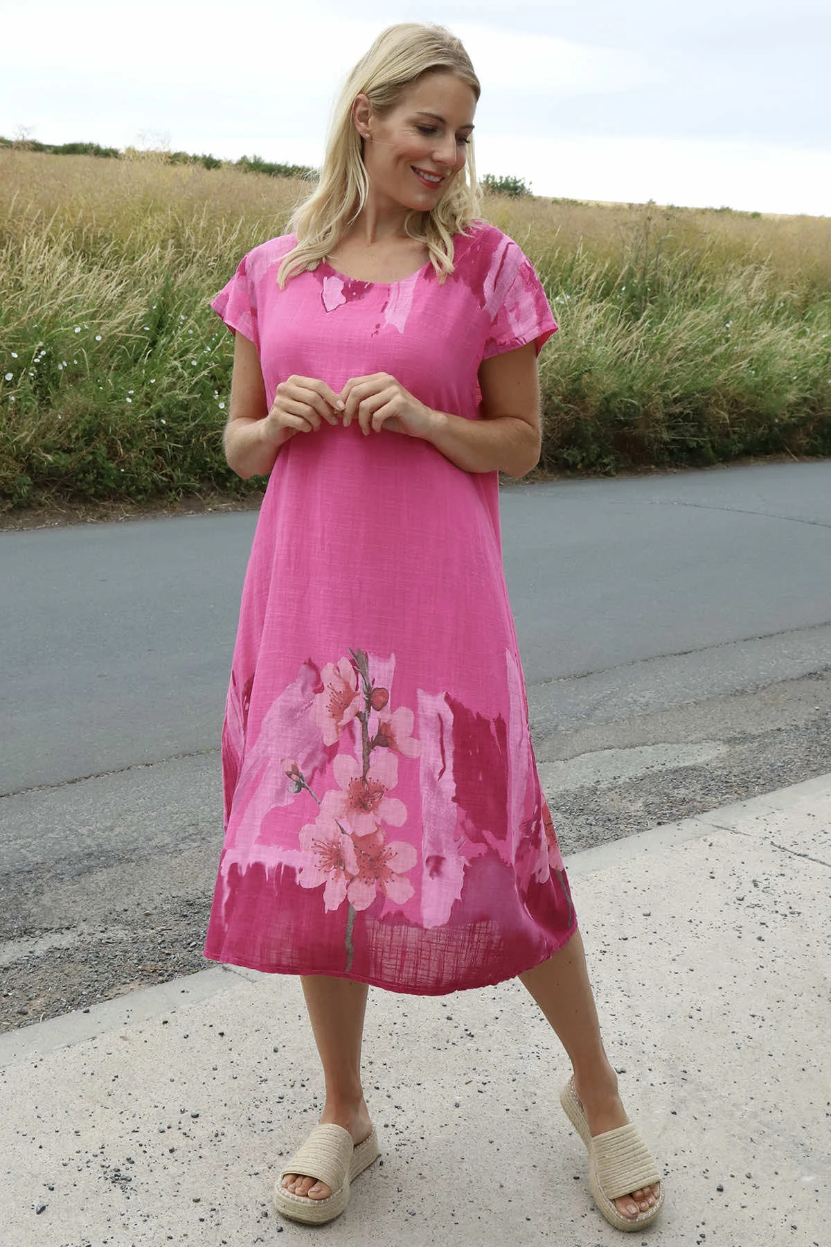 Mabel Floral Cap Sleeve Cotton Dress Fuchsia 3 Mabel Floral Cap Sleeve Cotton Dress Fuchsia