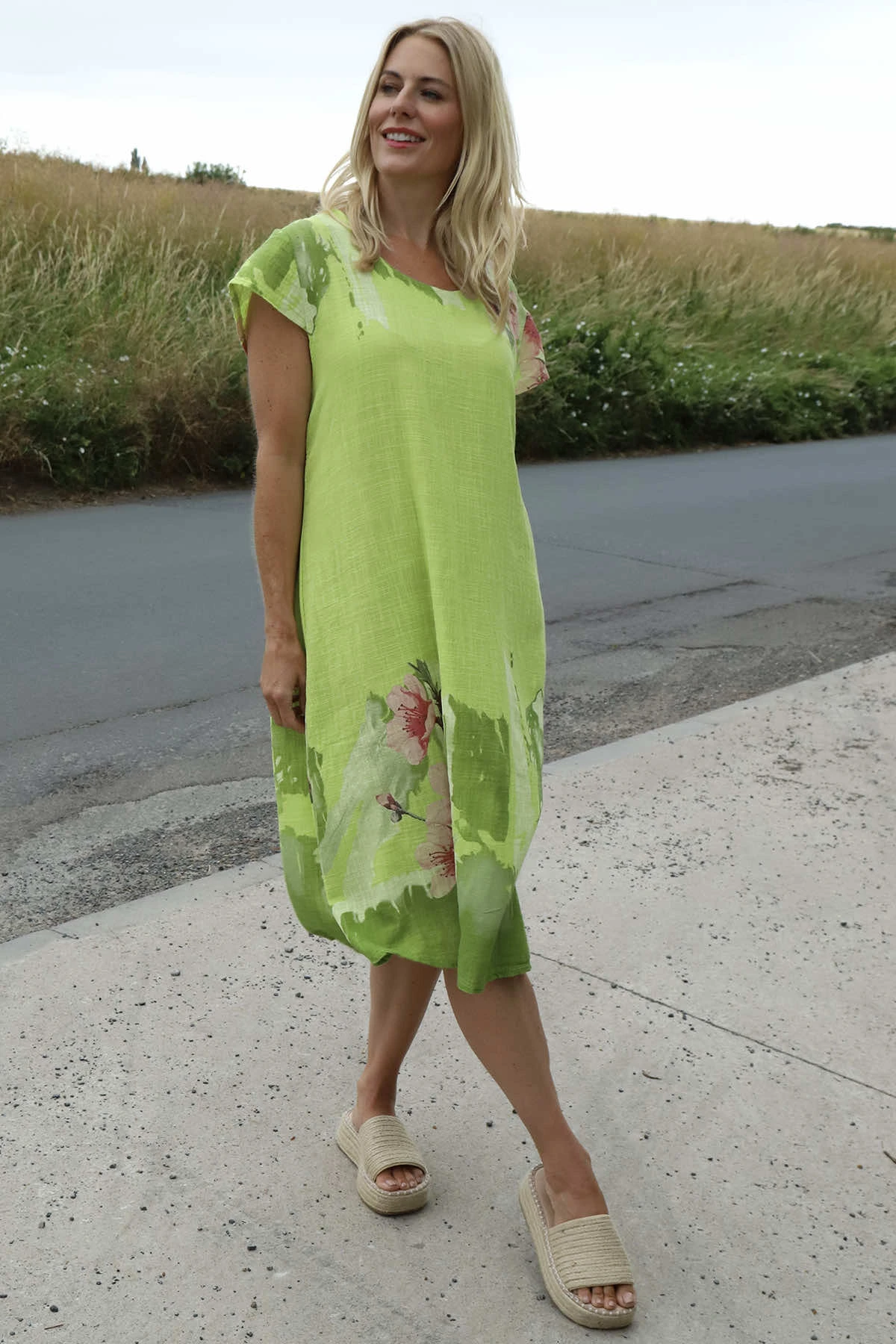 Mabel Floral Cap Sleeve Cotton Dress Lime 4 Mabel Floral Cap Sleeve Cotton Dress Lime - Image 2