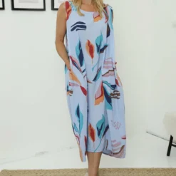 Sandgate Sleeveless Print Cotton Dress Powder Blue
