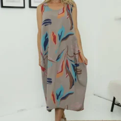 Sandgate Sleeveless Print Cotton Dress Mocha