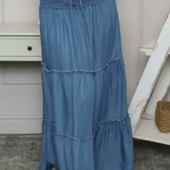 Domenica Denim Tiered Skirt Mid Denim 8 Domenica Denim Tiered Skirt Mid Denim -Kitandkaboodal Store IMG 8548 8972748d 9da4 4dd1 a267 30dd63f7725b