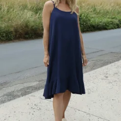 Rosaria Strap Crinkle Cotton Dress Navy