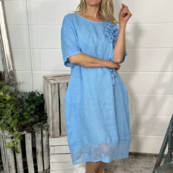 Lennon Rosette Linen Dress Powder Blue