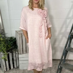 Lennon Rosette Linen Dress Pink