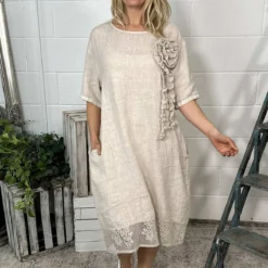 Lennon Rosette Linen Dress Stone