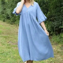 Alessandra Crinkle Cotton Dress Blue
