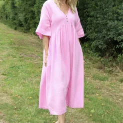 Alessandra Crinkle Cotton Dress Pink