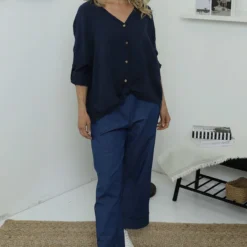 Giulia Crinkle Cotton Shirt Navy