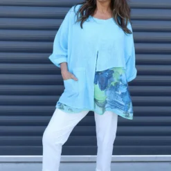 Alberta Layered Linen Top Kingfisher