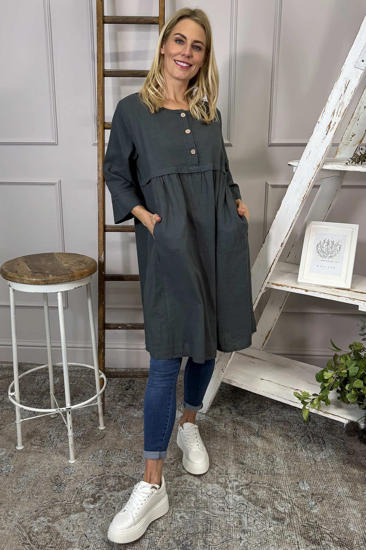 Alara Linen Dress Charcoal 4 Alara Linen Dress Charcoal - Image 2