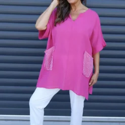 Sabina Stripe Pocket Cotton Top Magenta