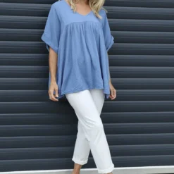 Ravello Crinkle Cotton Top Blue