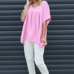 Ravello Crinkle Cotton Top Pink
